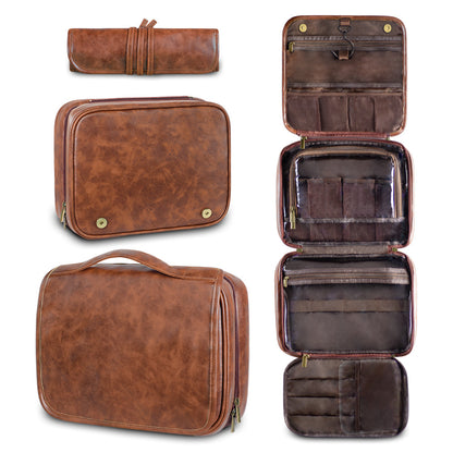 Reddish Brown Luxury PU Business Travel Toiletry Bag â€“ Large Capacity Waterproof Makeup Organizer with Dividers â€“ Portable & Stylish Bathroom Storage