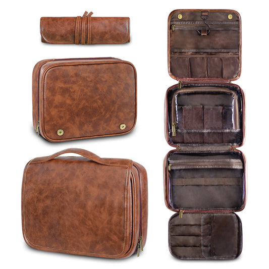 Reddish Brown Luxury PU Business Travel Toiletry Bag â€“ Large Capacity Waterproof Makeup Organizer with Dividers â€“ Portable & Stylish Bathroom Storage