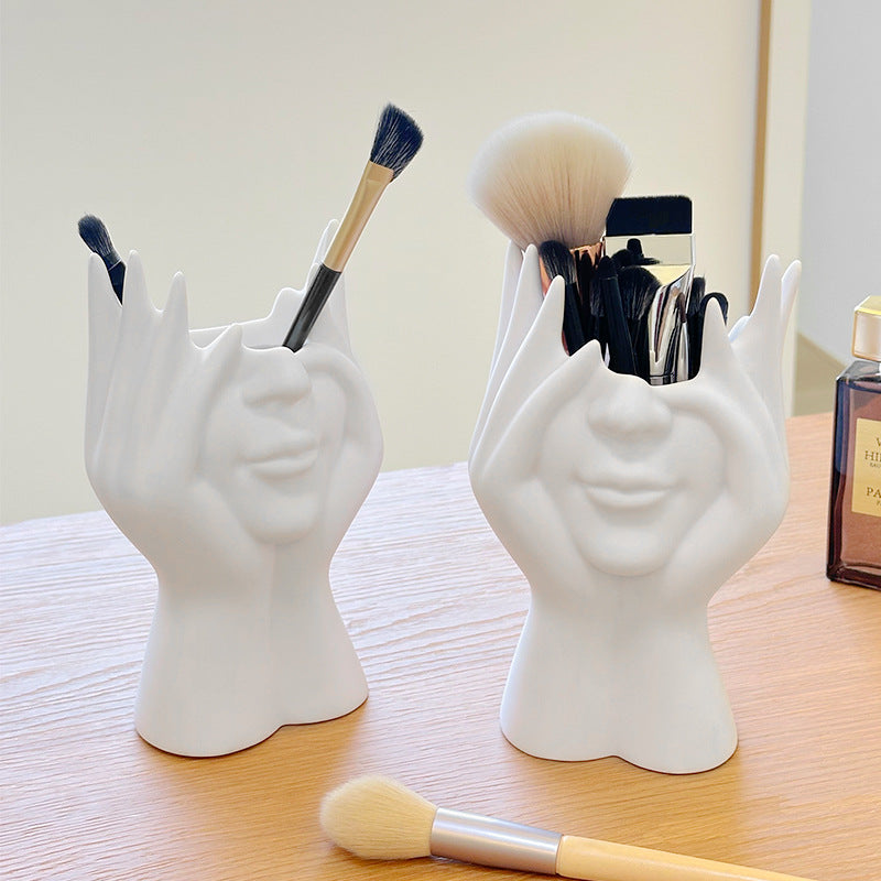 2 Pcs White Elegant Hand-Shaped Brush Holder â€“ Creative Makeup Brush Organizer for Vanity and Desk(Makeup brush not included)