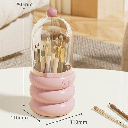 Pink 360Â° Rotating Makeup Brush Holder with Clear Dome â€“ Stylish Organizer for Vanity, Desk, and Bathroom