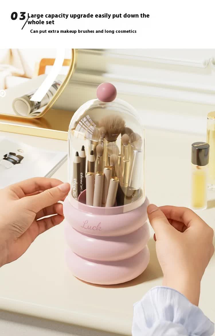 Pink 360Â° Rotating Makeup Brush Holder with Clear Dome â€“ Stylish Organizer for Vanity, Desk, and Bathroom