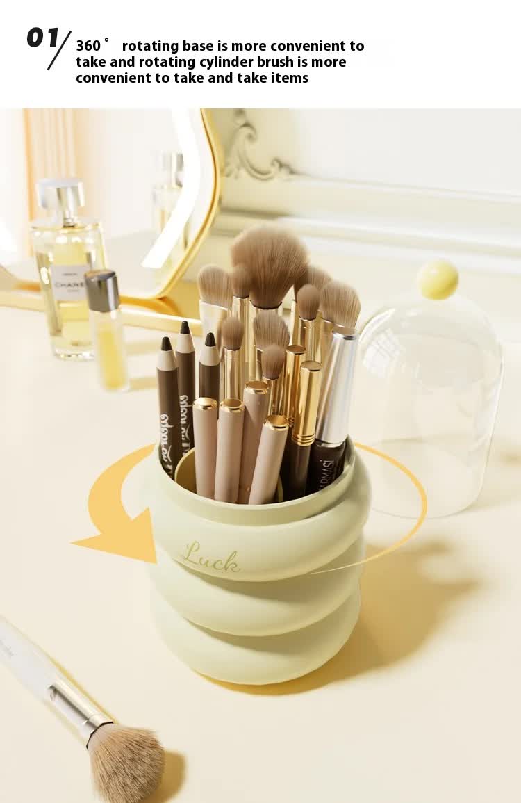 Yellow 360Â° Rotating Makeup Brush Holder with Clear Dome â€“ Stylish Organizer for Vanity, Desk, and Bathroom