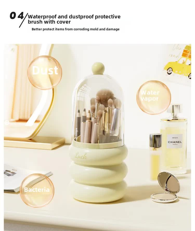 Yellow 360Â° Rotating Makeup Brush Holder with Clear Dome â€“ Stylish Organizer for Vanity, Desk, and Bathroom