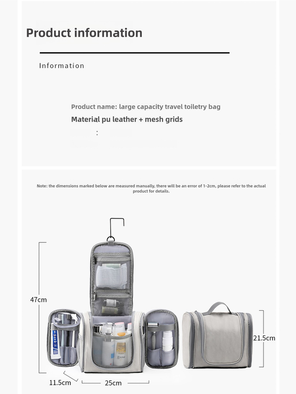Grey Large Capacity Travel Toiletry Bag with Dry-Wet Separation â€“ Hanging Organizer for Cosmetics and Personal Care