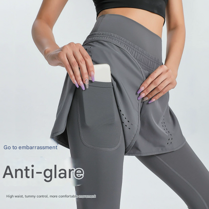 L Navy Blue Women's High-Waist Athletic Skort with Built-In Shorts - Breathable Quick-Dry Running Skirt with Phone Pocket