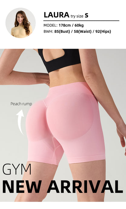 M Pink High-Elastic Hip Yoga Shorts - Seamless Mid-Intensity Pilates Workout Shorts