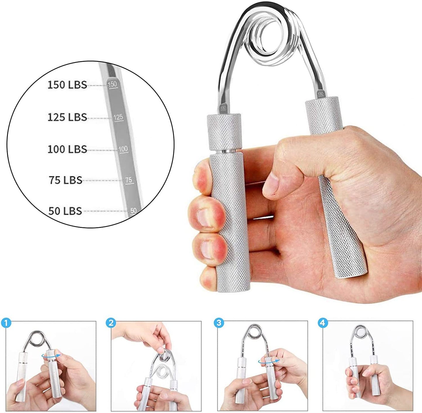2 pcs Aluminum color Heavy Duty Metal Hand Grip Strengthener - Hand Training Equipment for Rehabilitation & Fitness with Adjustable Resistance 300LB