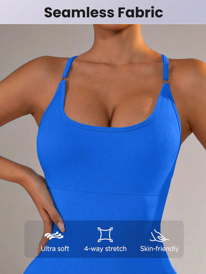 Size L Royal Blue Nylon Seamless Yoga Bodysuit - Women's Athletic Romper, Crisscross Back, Workout Jumpsuit