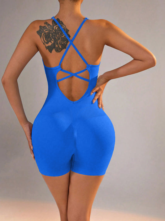 Size XS Royal Blue Nylon Seamless Yoga Bodysuit - Women's Athletic Romper, Crisscross Back, Workout Jumpsuit