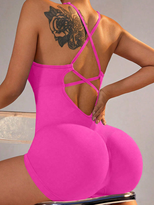 Size S Rose Red Grey Nylon Seamless Yoga Bodysuit - Women's Athletic Romper, Crisscross Back, Workout Jumpsuit