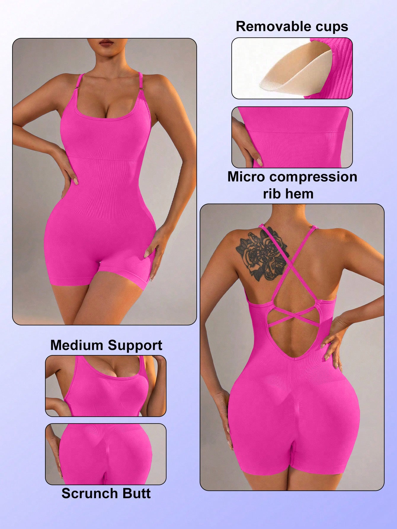 Size S Rose Red Grey Nylon Seamless Yoga Bodysuit - Women's Athletic Romper, Crisscross Back, Workout Jumpsuit