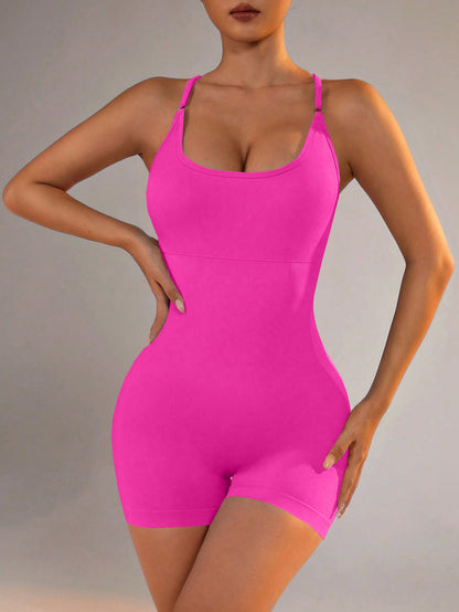 Size M Rose Red Grey Nylon Seamless Yoga Bodysuit - Women's Athletic Romper, Crisscross Back, Workout Jumpsuit