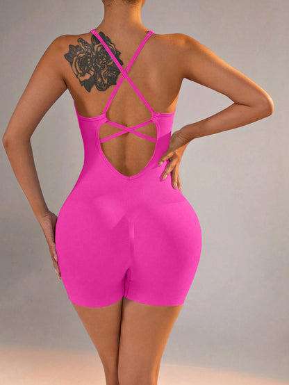 Size L Rose Red Grey Nylon Seamless Yoga Bodysuit - Women's Athletic Romper, Crisscross Back, Workout Jumpsuit