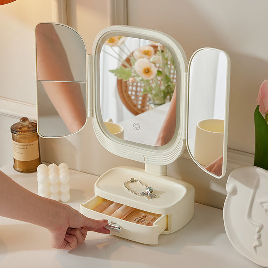 White LED Lighted Tri-Fold Makeup Mirror with Storage Drawer & Magnification(USB Charging Port)