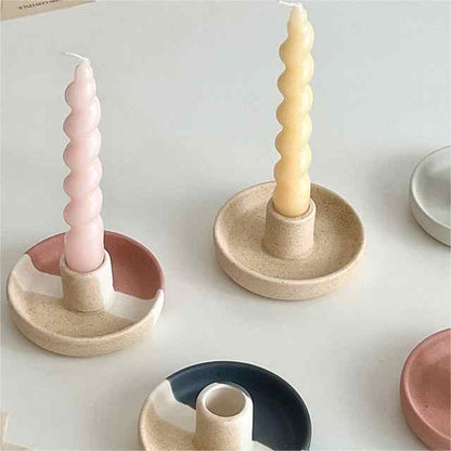 2 Pcs Yellow, White And Orange Stitching Oval Bottom Nordic Ceramic Candle Holder with Jewelry Dish - Elegant Minimalist Home Decor Piece
