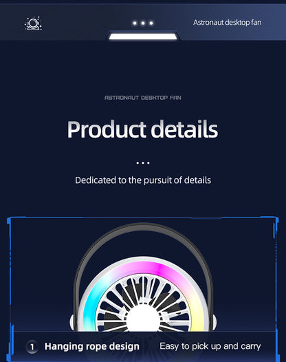 Green Astronaut Portable Fan - USB Rechargeable Desk Fan with RGB Night Light