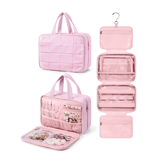 Size M Pink Quilted Hanging Toiletry Bag with Jewelry Organizer - Travel Cosmetic Case(28*12*20)