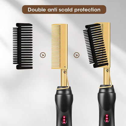 Rose Red And Black Electric Hot Comb Hair Straightener - Fast Heating Styling Tool with 3 Temp Settings & Anti-Scald Guard
