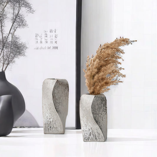Silver Abstract Twisted Ceramic Vase - Artistic Minimalist Flower Holder for Home Decor (20x10x10cm)