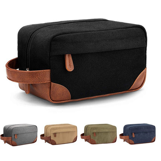 Grey And Brown Men's Canvas Toiletry Bag - Large Capacity Water-Resistant Travel Organizer Dopp Kit with Handle