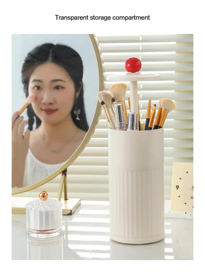 Black Automatic Lifting Makeup Brush Holder - Dustproof Desktop Organizer with Lid & Compartments