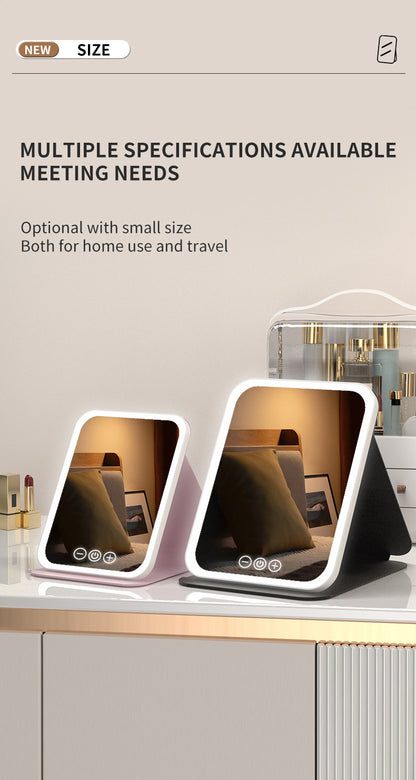 Black Small Foldable LED Makeup Mirror - Portable Desktop Vanity with 3 Color Lights, Stepless Dimming & Adjustable Stand