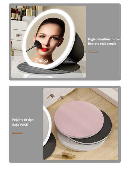 Pink Small Round Foldable LED Makeup Mirror - 18.5cm Desktop Vanity with 3 Color Lights & Stepless Dimming