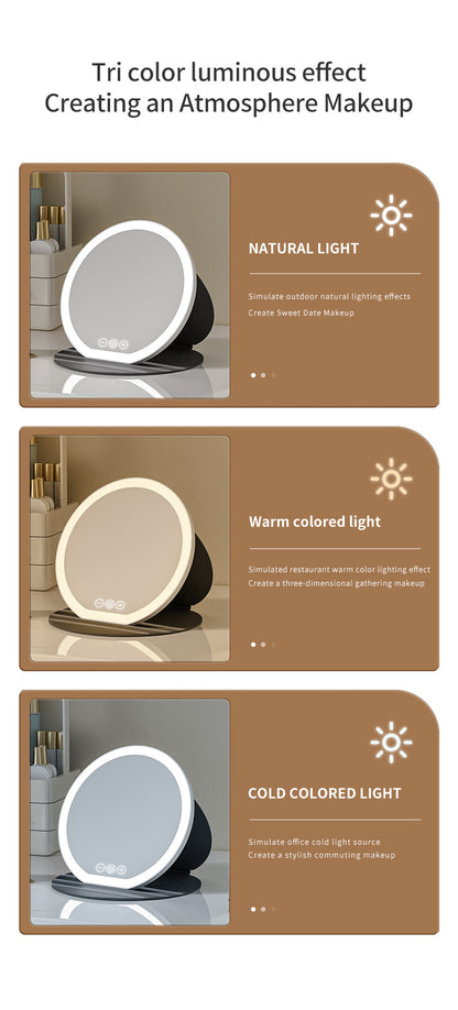 White Small Round Foldable LED Makeup Mirror - 18.5cm Desktop Vanity with 3 Color Lights & Stepless Dimming