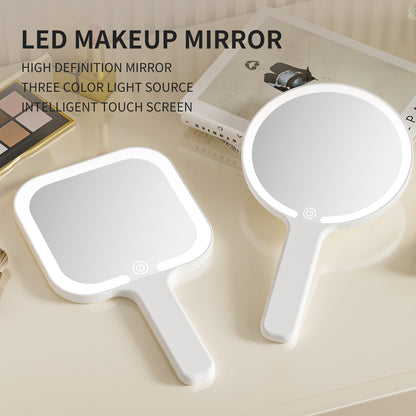 White Square Portable Handheld LED Makeup Mirror - USB-C Rechargeable with 3 Color Light Modes for On-The-Go Touch-Ups