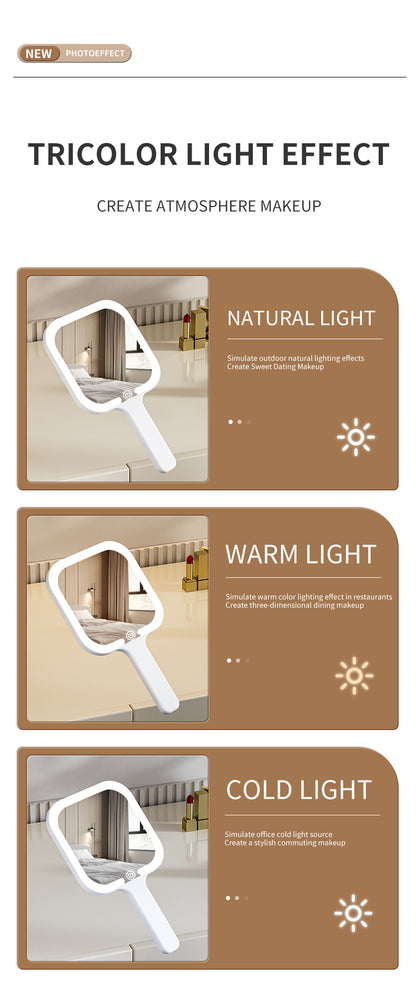 White Square Portable Handheld LED Makeup Mirror - USB-C Rechargeable with 3 Color Light Modes for On-The-Go Touch-Ups