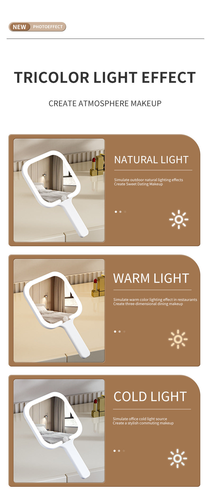 Light Yellow Round Portable Handheld LED Makeup Mirror - USB-C Rechargeable with 3 Color Light Modes for On-The-Go Touch-Ups