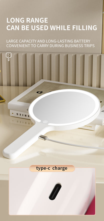 Light Yellow Round Portable Handheld LED Makeup Mirror - USB-C Rechargeable with 3 Color Light Modes for On-The-Go Touch-Ups