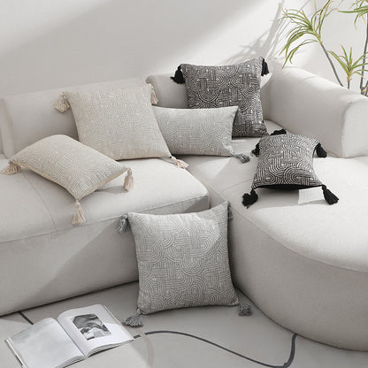 Grey Chic Geometric Jacquard Cushion Covers with Tassels - Set of 2, Plush Blend for Sofa & Bed Decor (45x45cm, Insert Not Included)